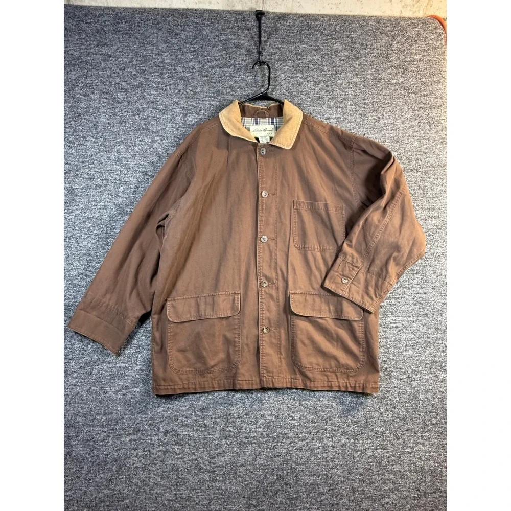 Eddie Bauer Mens Brown Cotton Canvas Barn Jacket Flannel Lined Corduroy Collar L